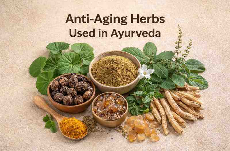 Anti-aging herbs used in Ayurveda including amla, ashwagandha roots, turmeric, and herbal powder in wooden bowls