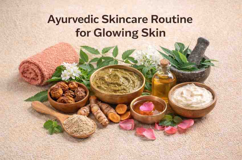 Ayurvedic skincare routine ingredients including turmeric, neem leaves, herbal paste, oil, and rose petals for glowing skin