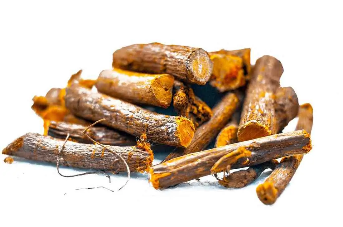 Dried licorice root sticks (Mulethi) isolated on white background